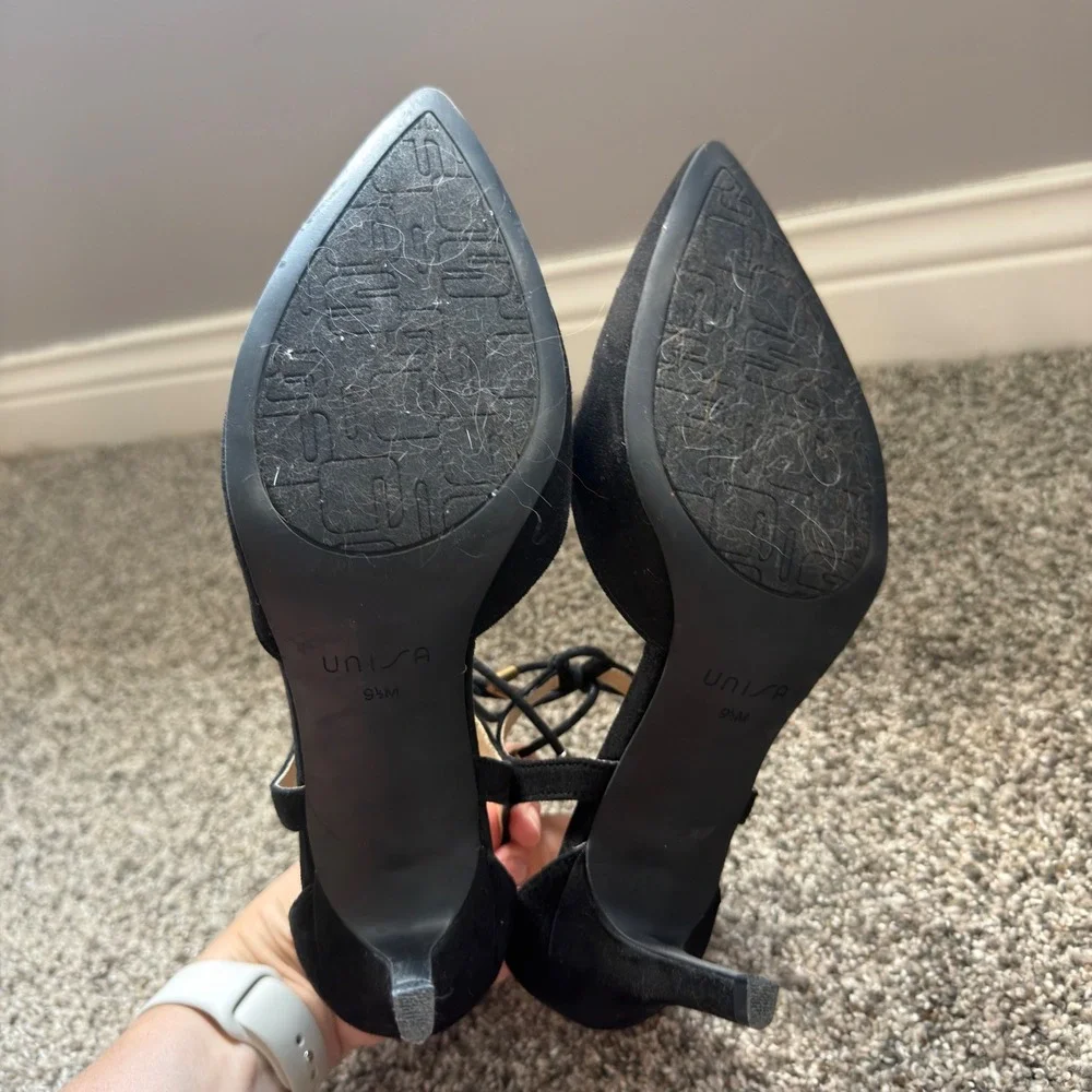 Unisa Womens Black Faux Suede D'Orsay Pointed Toe Lace Up Ankle Tie Pumps 9.5M